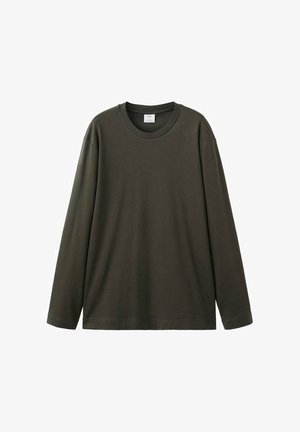 Majica z dolgimi rokavi iz temno olivne bombažne tkanine, z okroglim izrezom in sproščenim krojem, brez opaznih vzorcev ali dodatkov.