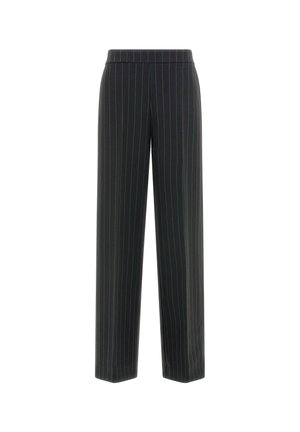 Black wide-leg trousers with vertical green pinstripes. Features a smooth elastic waistband and no visible fastenings or pockets.
