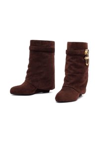 Brown suede ankle boots with a textured finish, featuring a folded cuff and gold hardware detail. Low wedge heel and rounded toe design.