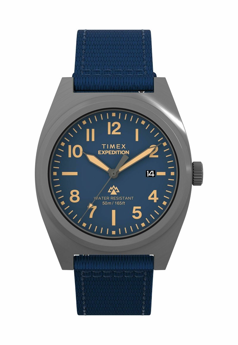 Timex Expedition-klocka med grått hölje, blå urtavla och beige timmarkörer. Den har ett marinblått texturerat armband och vattentålighet upp till 50 m.