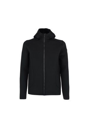 Czarna bluza z kapturem na zamek z wysokim kołnierzem. Posiada gładki materiał, kieszenie z przodu oraz dyskretne detale szwów, które nadają dopasowany wygląd.