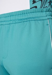 Tirkīza krāsas sporta šorti ar elastīgu jostasvīru, gludu tekstūru un baltām akcentu detaļām garš šuvēm.