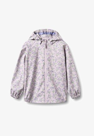 Veste à capuche pour enfants, de couleur violet clair avec un motif floral, dotée d'une fermeture éclair à l'avant et de poignets élastiques, posée à plat sur un fond blanc.