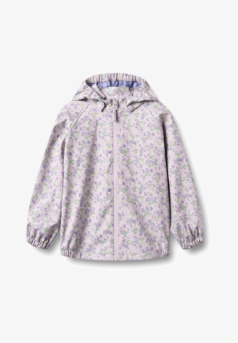 Veste à capuche pour enfants, de couleur violet clair avec un motif floral, dotée d'une fermeture éclair à l'avant et de poignets élastiques, posée à plat sur un fond blanc.