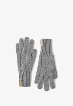 Grå strikkede handsker med et kabelmønster ved håndleddet og ribbede manchetter. Mærketiketten er synlig med teksten "Falconeri." Blød stoftekstur.