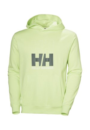 Light green Helly Hansen hoodie with front kangaroo pocket and black and white "HH HELLY HANSEN" logo centered on the chest.