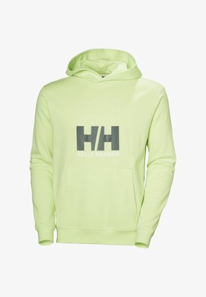 Sudadera con capucha de color verde claro de Helly Hansen con bolsillo tipo canguro en la parte delantera y logo "HH HELLY HANSEN" en blanco y negro centrado en el pecho.