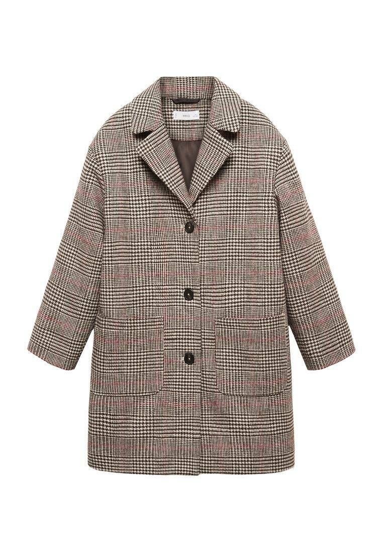 Checked coat with a notched collar, three black buttons, and two front pockets. Made of textured fabric in brown, cream, and burgundy colors.