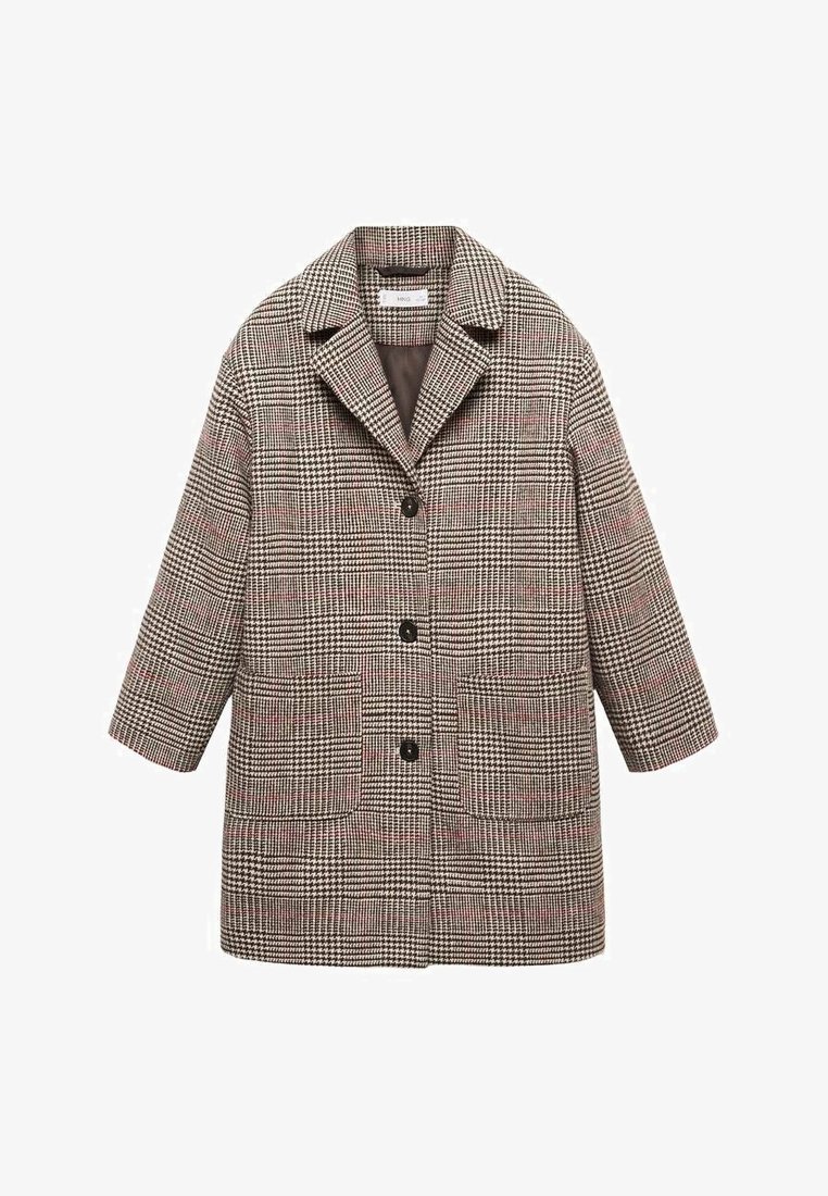 Checked coat with a notched collar, three black buttons, and two front pockets. Made of textured fabric in brown, cream, and burgundy colors.