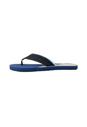 Blauwe en zwarte teenslipper met een gestructureerde zool, stoffen bandjes en een detail ter ondersteuning van de voetboog. Lichtgewicht ontwerp, geschikt voor casual gebruik.