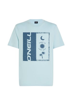 Ljusblå t-shirt med kort ärm i bomull, med tryck i blått som har text och palmträdsmotiv. Rund hals och avslappnad passform.
