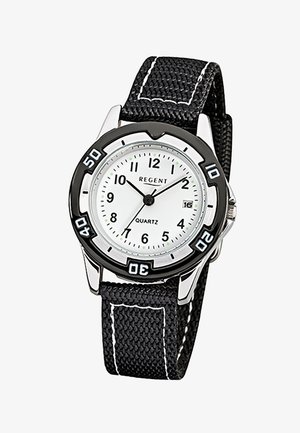 Analoges Regent-Quarzuhr mit weißem Zifferblatt, schwarzer Lünette mit Zehner-Markierungen, schwarzem Nylonarmband mit weißen Nähten und Datumsanzeige bei 3 Uhr.