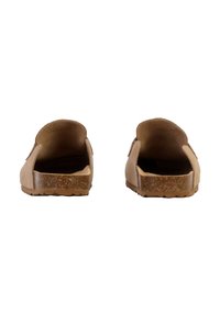 Brune ruskind slip-on mule med åbne hæle, teksturerede indersåler og ydersåler med korklignende udseende og rillede mønstre for bedre greb.