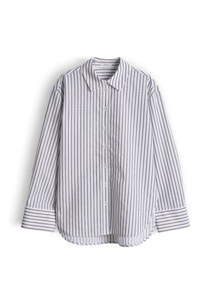 Gestreiftes Hemd mit Knopfleiste in Weiß und Marineblau, mit langen Ärmeln, klassischem Kragen und abgerundetem Saum. Knackiger Stoff mit gleichmäßiger Textur.