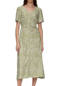 Grünes Blumenkleid mit kurzen Ärmeln, V-Ausschnitt, Knopfleiste und tailliertem Bund. Es hat ein weißes Blattmuster auf einem hellgrünen Hintergrund.