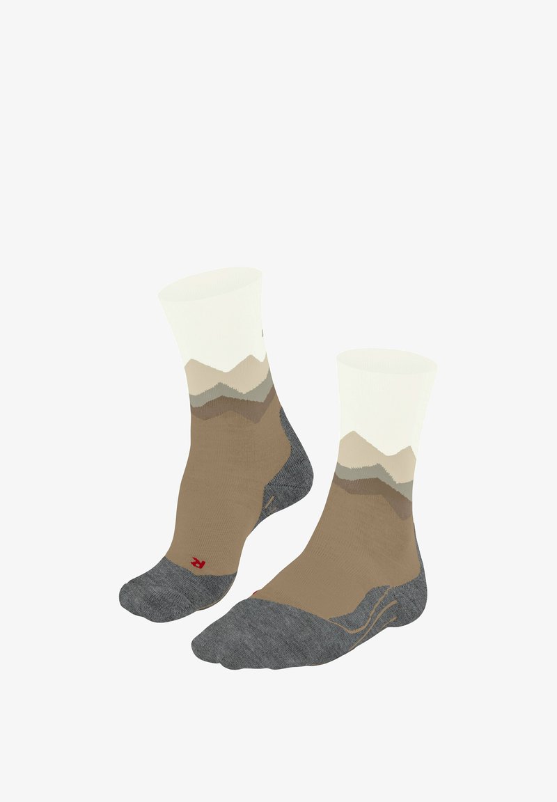 Chaussettes montant aux genoux en blanc, beige et gris avec un motif de montagne. Elles possèdent un bout et un talon gris rembourrés.