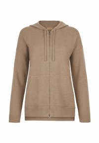Beżowa dzianinowa bluza z kapturem na zamek z przodu, duże kieszenie, szerokie rękawy oraz ściągacz na dole i mankietach. Miękka faktura, swobodny design.