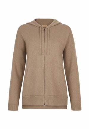 Beige gestrickter Hoodie mit Frontreißverschluss, großen Taschen, weiten Ärmeln sowie geripptem Saum und Bündchen. Weiche Textur, lässiges Design.