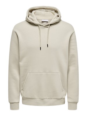 Felpa beige con cappuccio, coulisse, tasca a marsupio, polsini e orlo a coste, mostrata su sfondo bianco.