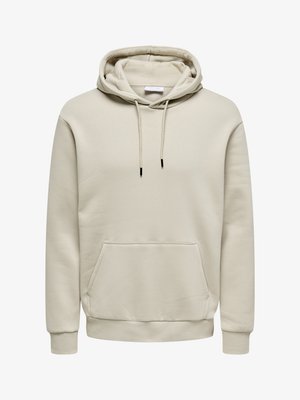 Felpa beige con cappuccio, coulisse, tasca a marsupio, polsini e orlo a coste, mostrata su sfondo bianco.