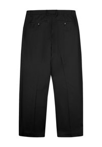 Pantalon habillé noir avec passants pour ceinture, deux poches arrière passepoilées à boutons, et coupe droite, présenté à plat.