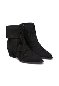 Schwarze Wildleder-Ankle-Boots mit Fransenverzierungen, spitz zulaufender Zehenpartie und Blockabsatz. Reißverschluss an der Innenseite für ein einfaches An- und Ausziehen.