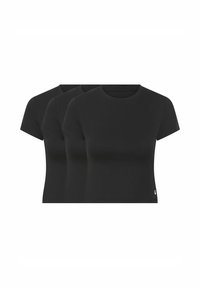 Three black cotton t-shirts with short sleeves, round necklines, and a fitted design. Minimal detailing with a tag at the bottom left.