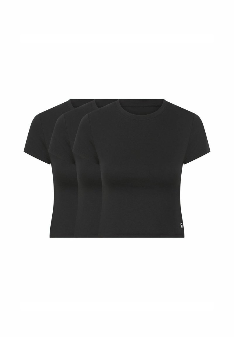 Three black cotton t-shirts with short sleeves, round necklines, and a fitted design. Minimal detailing with a tag at the bottom left.