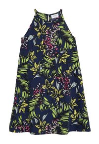 Květinové šaty s námořnickým pozadím, zdobené živými žlutými a růžovými květy a zelenými listy. Design s halter krkem, lehká tkanina.