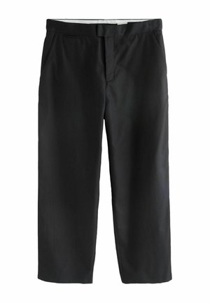 Black straight-leg trousers with side pockets and a concealed front fastening, shown against a white background.