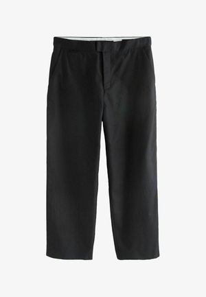 Black straight-leg trousers with side pockets and a concealed front fastening, shown against a white background.