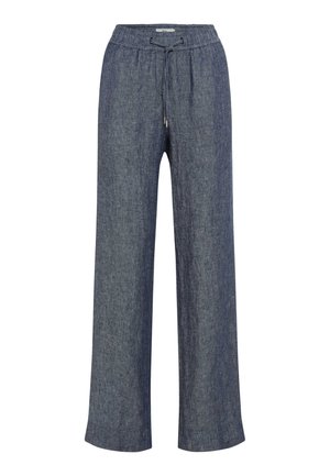 Pantalon en lin gris foncé à jambes larges avec taille élastique et cordon de serrage à l'avant, coupe décontractée et confortable.