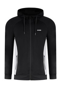 Sudadera con cremallera negra, con capucha, de tejido ligero, con acentos laterales blancos, dos bolsillos delanteros y una etiqueta de logo en la parte superior izquierda del pecho.