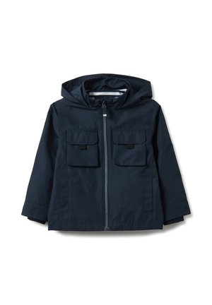 Marineblauw jack met capuchon, ritssluiting aan de voorkant en twee klepzakken. Gemaakt van glad, lichtgewicht materiaal met een casual pasvorm.