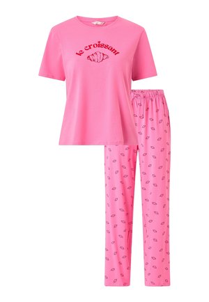 Rosa Pyjama-Set mit kurzen Ärmeln und roten Croissant-Motiven, mit dem Schriftzug "le croissant" und einer Croissant-Grafik auf der Brust.