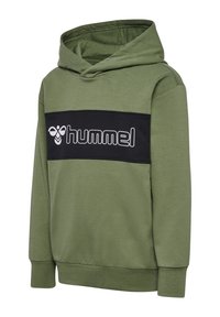 Green hooded sweatshirt with black chest panel featuring white "hummel" logo and bee icon, long sleeves, and ribbed cuffs and hem.