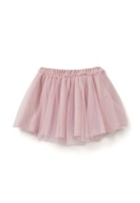 Falda de tul de color rosa claro con cinturilla elástica fruncida, que presenta capas de tejido suave y translúcido para dar volumen y textura.