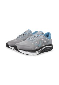 Gray running shoes with blue accents and textured overlays. Features a cushioned sole, lace-up design, and contrasting black and white outsole.