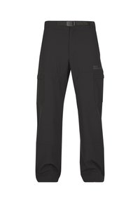Schwarze Cargo-Hosen aus strapazierfähigem Material, mit zwei seitlichen Taschen, geradem Bein-Design und verstellbarem Bund.