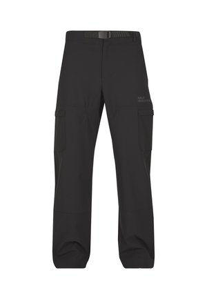 Schwarze Cargo-Hosen aus strapazierfähigem Material, mit zwei seitlichen Taschen, geradem Bein-Design und verstellbarem Bund.