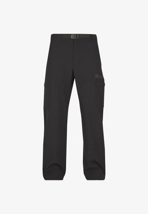 Mustat cargo-housut, jotka on valmistettu kestävästä kankaasta. Niissä on kaksi sivutaskua, suorat lahkeet ja säädettävä vyötärö.