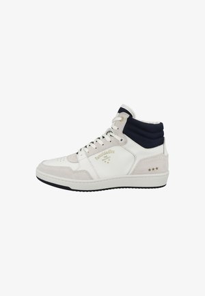 High-top sneaker in white leather and grey suede. Features navy accents, gold logo, and four stars detail on the heel. Rubber sole.