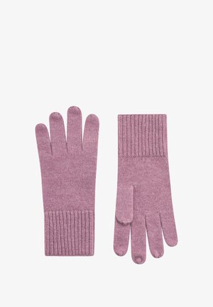 Gants tricotés en rose doux avec une manchette côtelée. Comprend cinq compartiments pour les doigts et une texture lisse sur toute la surface.