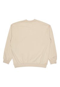 Beżowa bluza z okrągłym dekoltem, z długimi rękawami, ściągaczami przy mankietach i u dołu. Gładka tekstura, prosty design oraz minimalne logo przy kołnierzu.