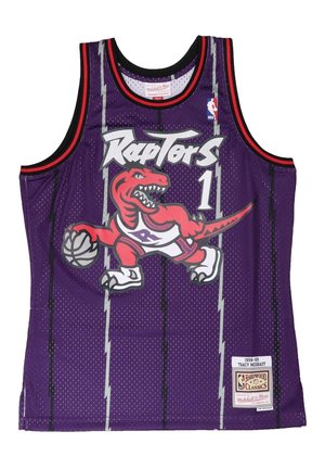 Lila Toronto Raptors Basketball-Trikot mit rotem Dinosaurier, der einen Basketball dribbelt, Nummer 1 und Hardwood Classics-Aufnäher für Tracy McGrady.