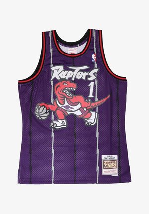 Camiseta de baloncesto púrpura de los Toronto Raptors con un dinosaurio rojo botando un balón, número 1 y parche Hardwood Classics para Tracy McGrady.