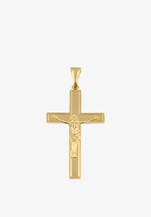 Pendente a croce in oro con una figura dettagliata di Gesù su una base rettangolare. Finitura lucida con un anello per l'attacco.