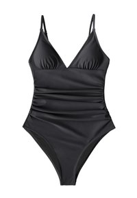 Costume intero nero con spalline regolabili, dettagli in tessuto arricciato e scollatura a V. Realizzato in materiale liscio e elastico.