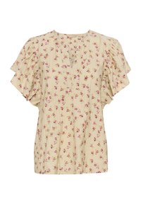 Blumenshirt mit kurzen Puffärmeln und einem V-Ausschnitt. Helles beiges Material, verziert mit kleinen lila und gelben Blumen, strukturierte Oberfläche.