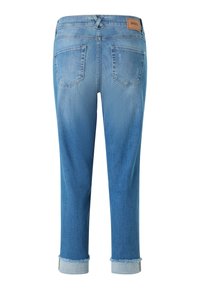 Blaue Jeans aus Denim mit einem leicht verblassten Finish, hochgerollten Säumen und zwei Gesäßtaschen. Verfügt über ein Lederetikett am hinteren Bund.